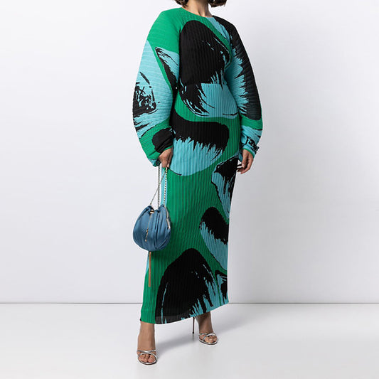 Miyake Pleated Printed Dress Summer New Loose Large Size Long-Sleeved Women's Skirt Is Thin And Foreign Women's Clothing