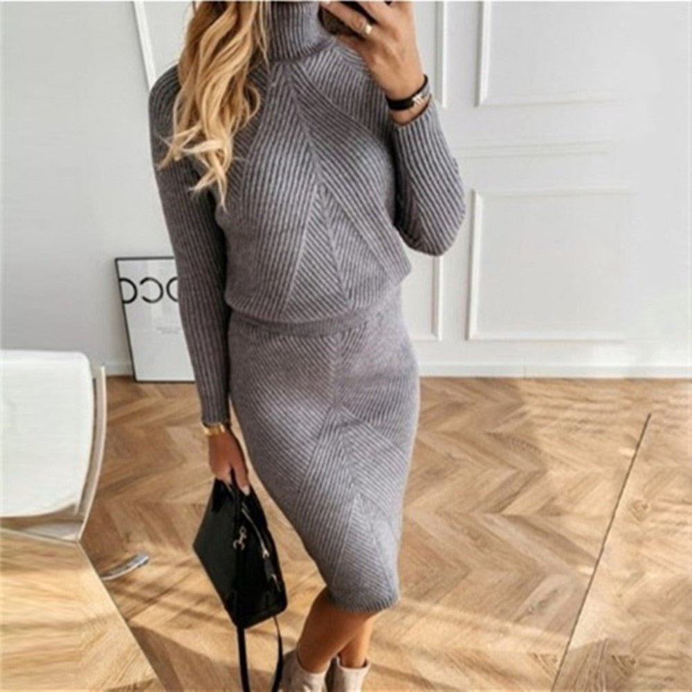 Autumn Women's Knitting Costume Turtleneck Solid Color Pullover Sweater + Slim Skirt Two-Piece Set