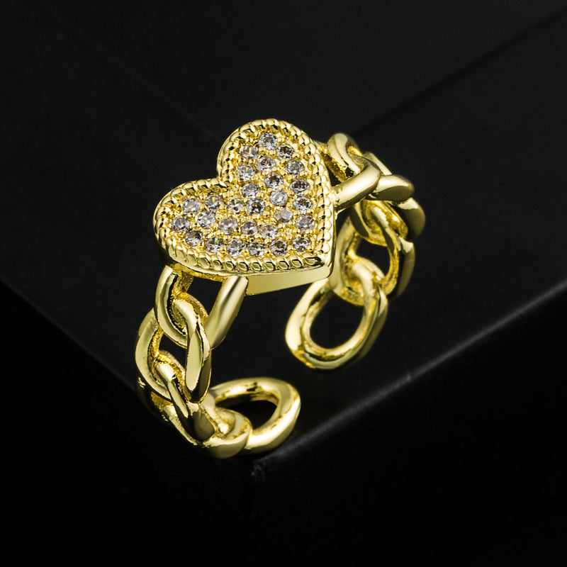 Fashion Copper-Plated Real Gold Micro-Set Zircon Love Ring Personality Temperament Open Ring Accessories Women