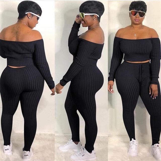 Two Piece Set Autumn Outfits Tracksuit Women Blue Ribbed Striped Slash Neck Short Tops Pencil  Pants - TRIPLE AAA Fashion Collection