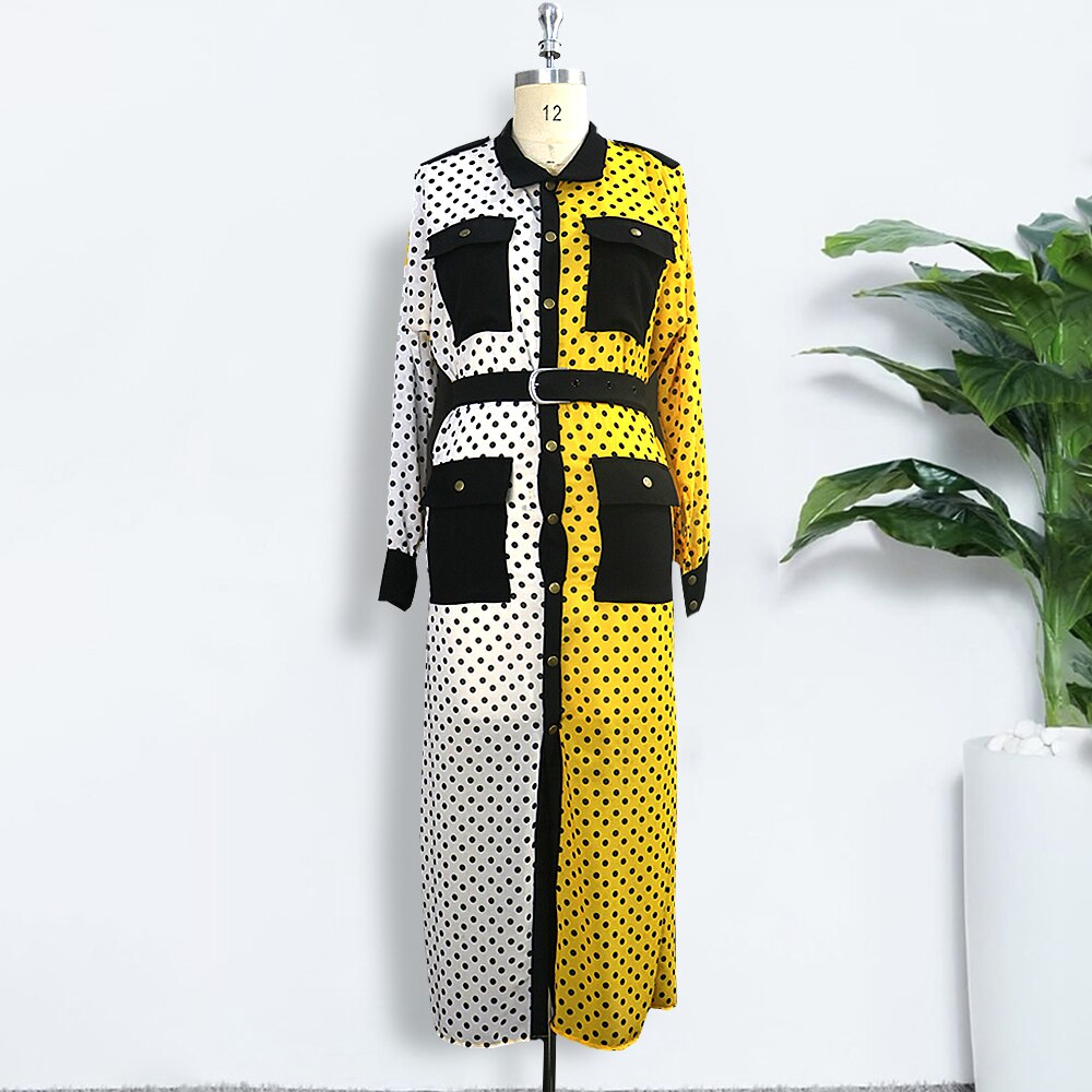 Yellow Black Pathwork Chiffon Polka Dot Maxi Slit Dress Long Sleeve with Sashes Pocket Retro Summer Tunic Robes Femme Covers - TRIPLE AAA Fashion Collection