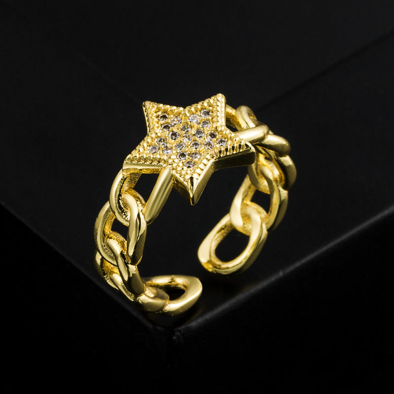 Fashion Copper-Plated Real Gold Micro-Set Zircon Love Ring Personality Temperament Open Ring Accessories Women