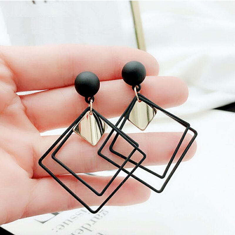 925 Silver Needle Earrings Ins Cool Style Geometric Earrings Fashion Hollow Diamond-Shaped Metal Square Earrings