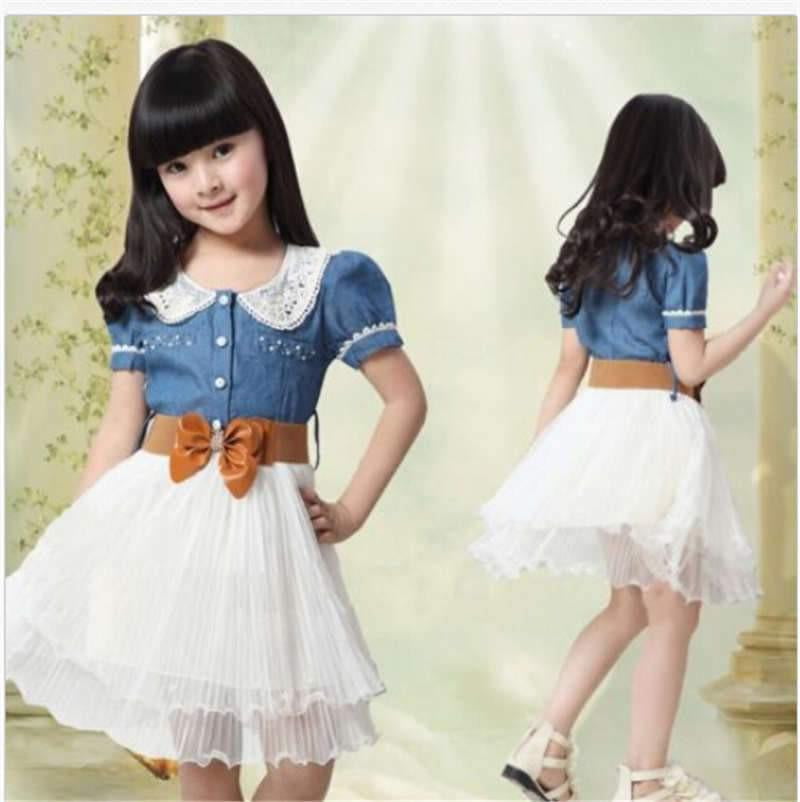 baby Girls Kids Teenager Princess Denim Tulle dress Stitching Bow Belt Dress - TRIPLE AAA Fashion Collection