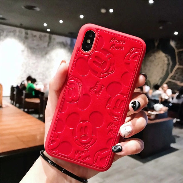 Cartoon Mickey Minnie Mouse Leather Case For iPhone 8 7 6 6S Plus X Xs Max XR 3D embossing Disneys Painting Soft leather Cover - TRIPLE AAA Fashion Collection