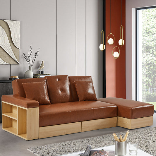 Multi-functional sofa, can sit, lie down, with storage box and drawer, and the storage sofa arm can be used as tea table and pedal-Brown