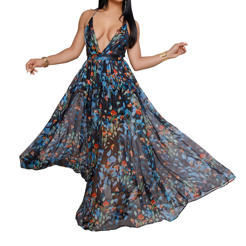 Women Dresses Summer Sexy Maxi Boho Style Print Party Dress Deep V Neck Backless Long Dress - TRIPLE AAA Fashion Collection