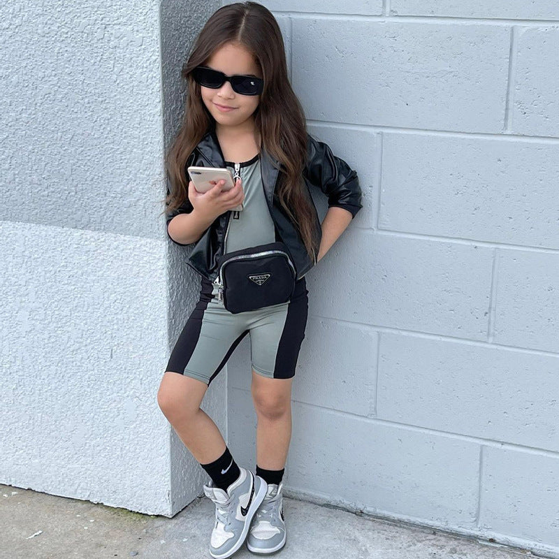 Children's Clothing New Girls Fashion Casual Explosion Style Color Matching Suspender Jumpsuit
