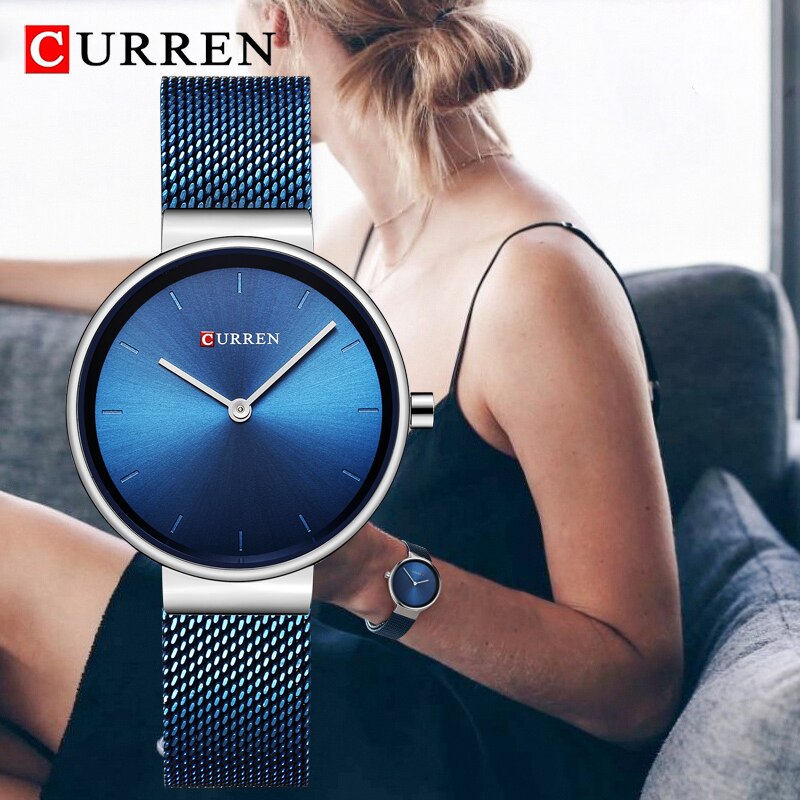 CURREN 9016 Fashion Blue Ladies Watches Mesh Stainless Steel Quartz Watch Women Luxury Simple Wristwatches Analog Lady Clock