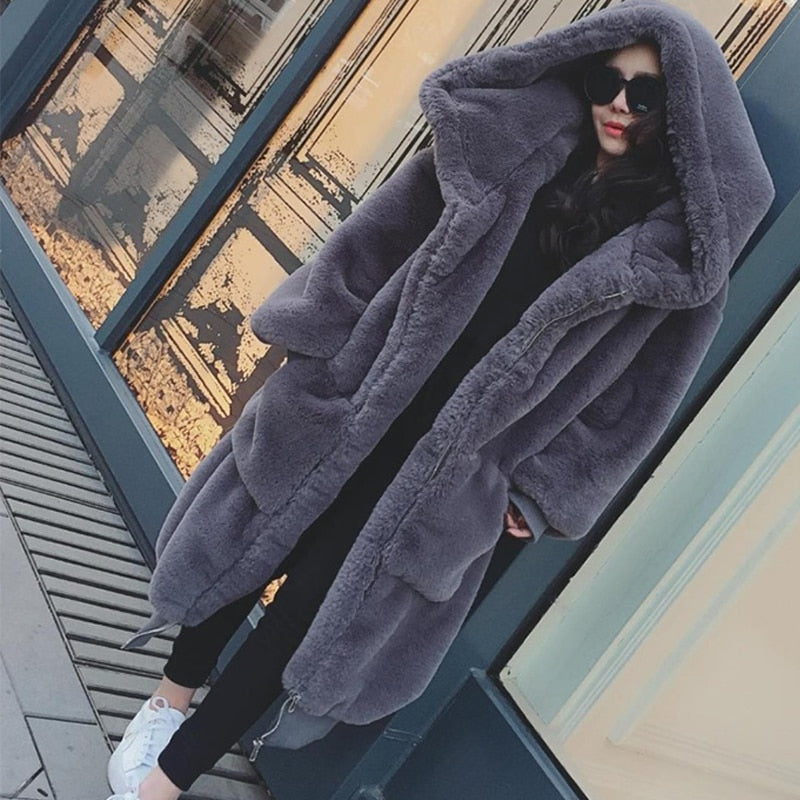 Winter Faux Fur Coat Women Long Warm Faux Fur Jacket Coat Casual Hoodies Loose Pocket Coat Outwear casaco feminino