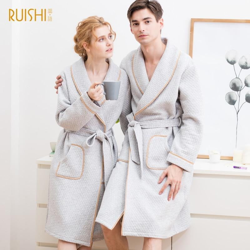 J&Q mall robe warm air cotton sandwich couple pajamas long sleeve drop shipping men and women bathrobe pure cotton nightgown - TRIPLE AAA Fashion Collection