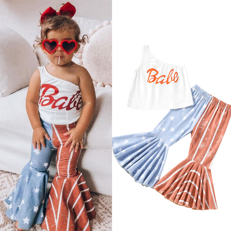 Children's Clothing Girls White Slanted Shoulder Sleeves + Two-Color Stitching Pants Two-Piece Set