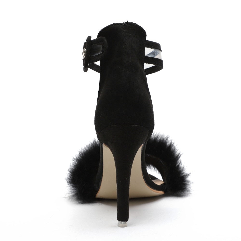 Women Pumps Snake Black High Thin Heels Ankle Strap Platform Faux Fluffy Rabbit Fur Woman Sandal Party Wedding Lady Shoes - TRIPLE AAA Fashion Collection