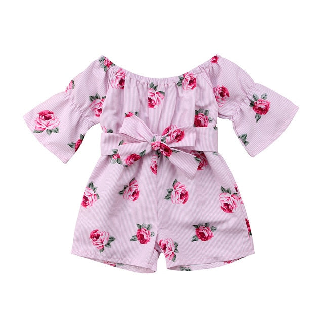 Spring Summer Baby Girls Rompers Baby Girl Clothes Floral Belt Three Quarter Cotton Jumpsuit