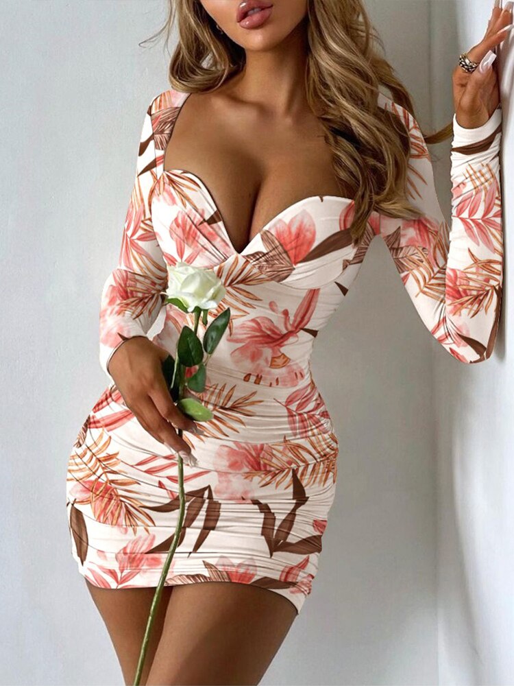 Sexy Floral Print Bodycon Sweetheart Neck Ruched Corset Mini Vestidos Vacation Party Dress