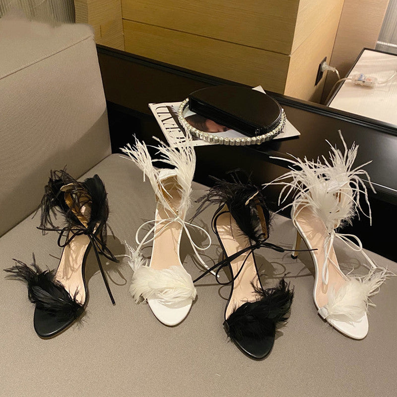 2021 New Fashion With Feather Open Toe Strap High Heels Summer Sexy Ankle Lace-Up Sandals Clear Heel Women Party Shoes - TRIPLE AAA Fashion Collection
