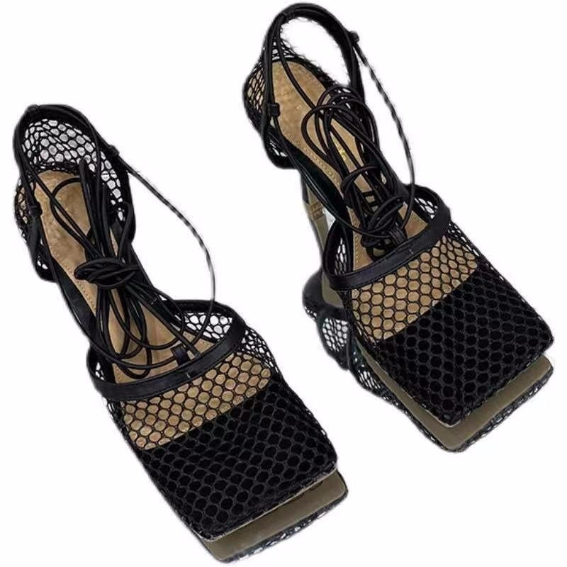 New Net Mesh High heel Sandals Women square toe Ankle Strap Gladiator sandals Summer Sandals Sexy lace up Party Shoes Woman