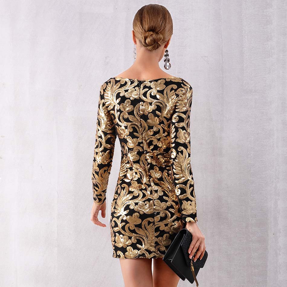 Spring Women Celebrity Evening Party Dress Elegant Sexy Long Sleeve Sequines Deep V Gold Mini Club Dress - TRIPLE AAA Fashion Collection