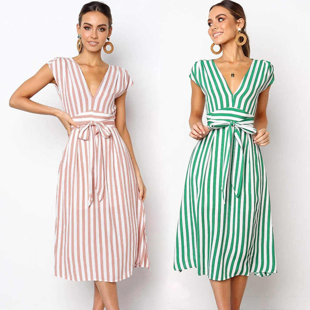 Women's Dresses Spring Summer Dress 2019 Vestidos Women Casual Stripe Printing Off Shoulder Sleeveless Dress Princess Dress - TRIPLE AAA Fashion Collection