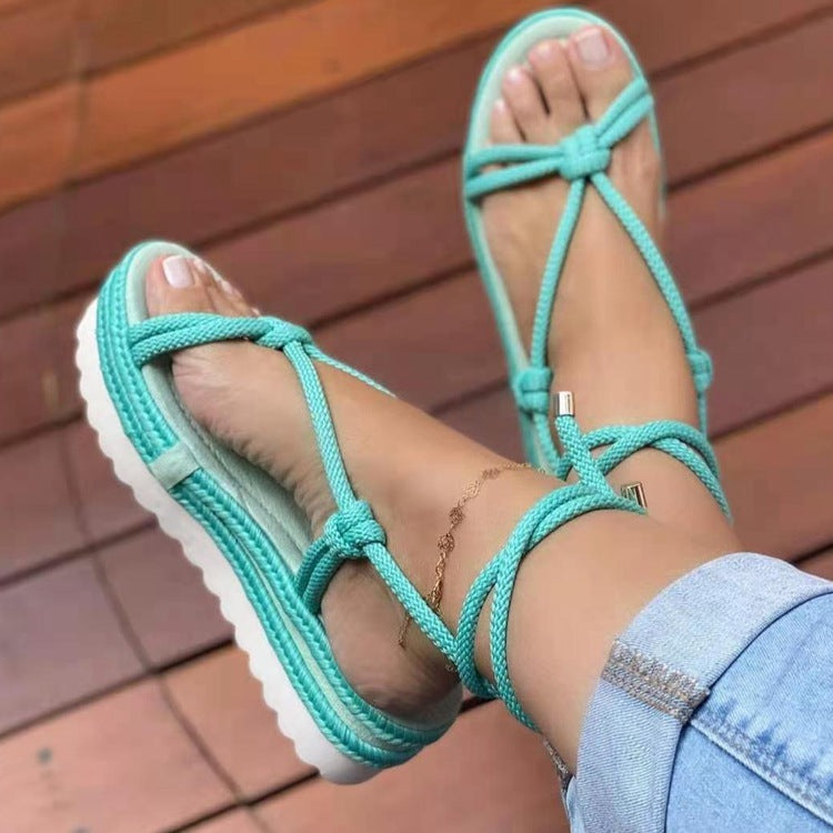 New Thick Soled Sponge Cake Hemp Rope Woven Sandals Women's Cross-Border Foreign Trade Large Size Round Toe Beach Sandals