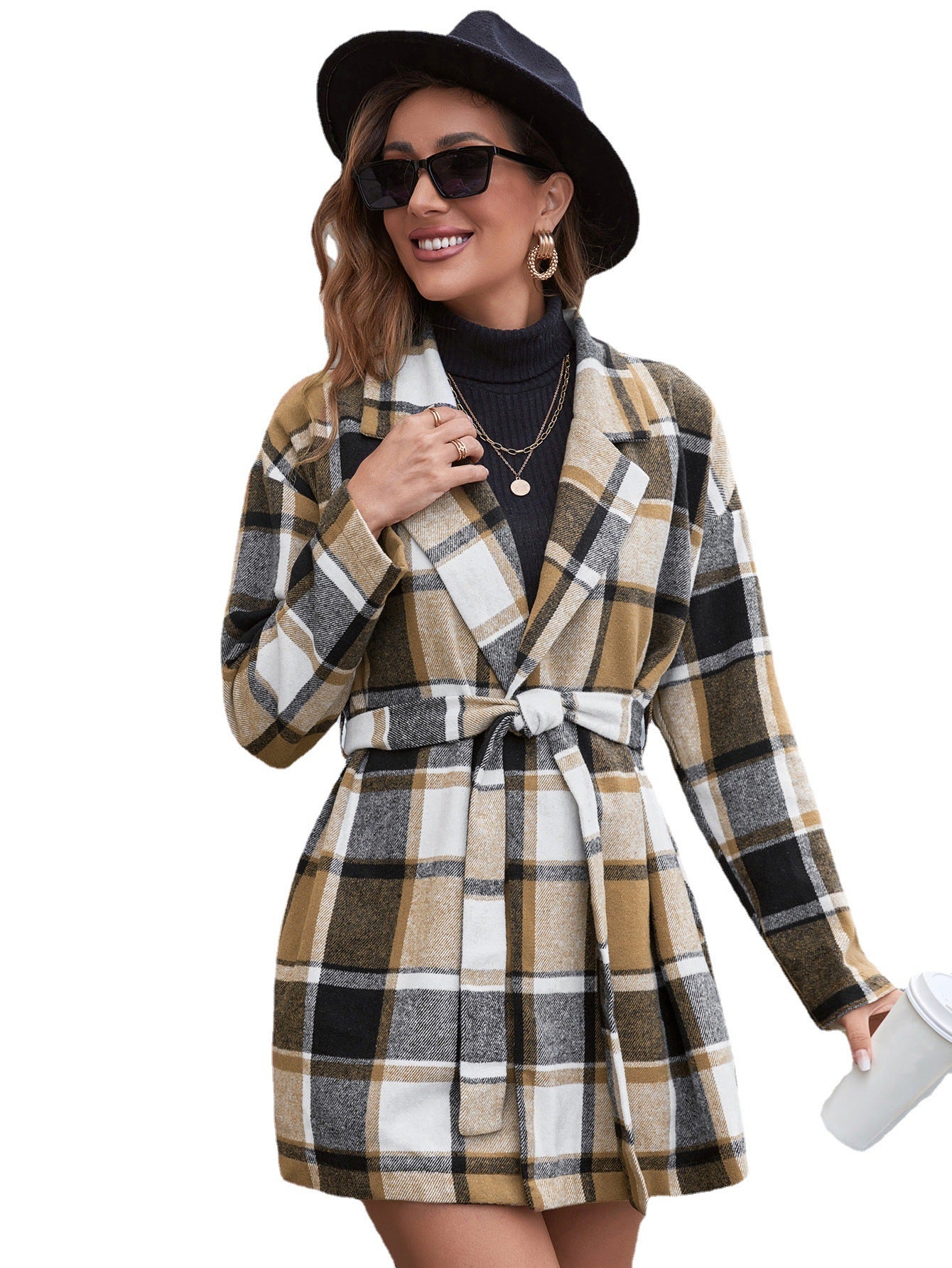 Leisure plaid lapel belt trench coat woolen loose plaid shirt cardigan coat