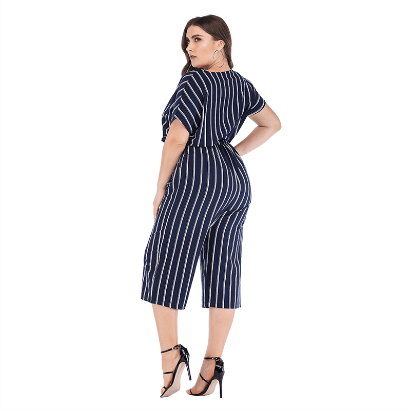 GIBSIE Summer Office Lady Elegant Belted Striped Jumpsuit Women Plus Size Wrap V Neck Casual Pocket Rompers Womens Jumpsuit - TRIPLE AAA Fashion Collection