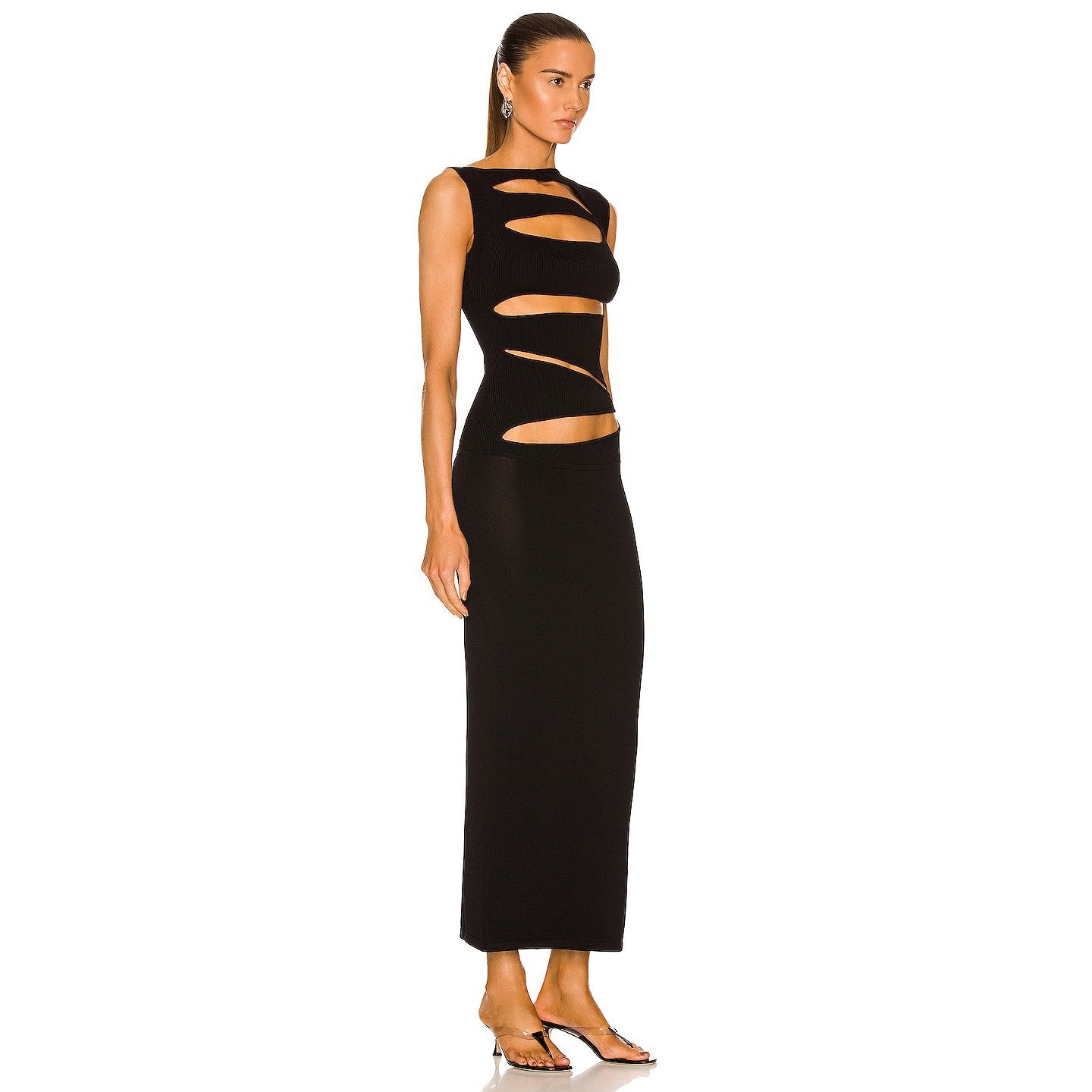 Summer Women's New Sexy Hollow High Waist Slim Slim Solid Color Long Dress
