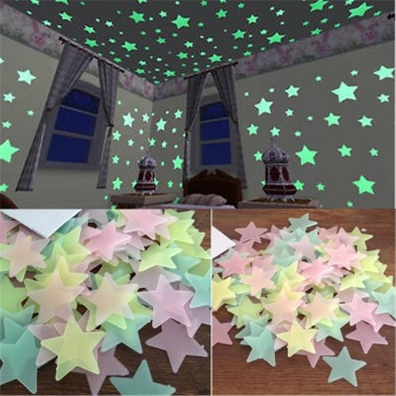 100pcs 3D Stars Glow In The Dark Wall Stickers Luminous Fluorescent Wall Stickers For Kids Baby Room Bedroom Ceiling Home Decor - TRIPLE AAA Fashion Collection