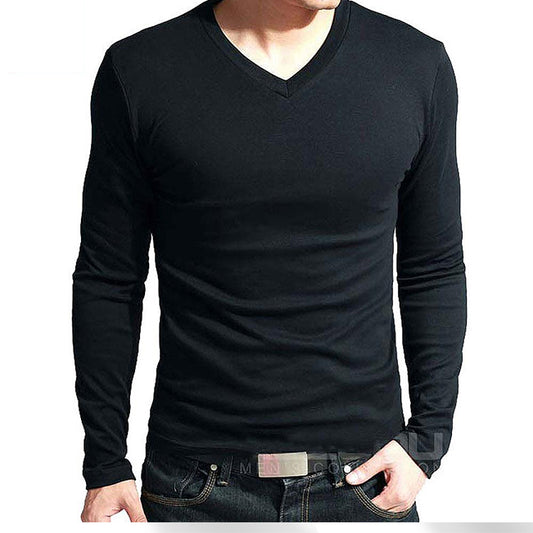 Sale spring high-elastic cotton t-shirts men's long sleeve v neck tight t shirt