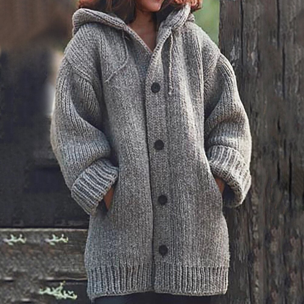 Winter Women Cardigan Casual Hooded Solid Button Knitted Sweater Coat Warm Long Sleeve Pocket Plus Size Female Knittwear Outwear