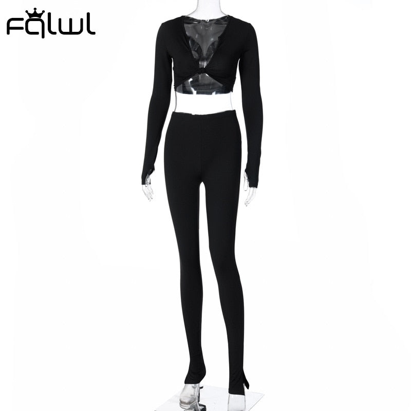 FQLWL Casual Summer 2 Two Piece Set Women Pink Outfit Long Sleeve Crop Top Leggings Women Joggers Matching Sets Ladies Tracksuit