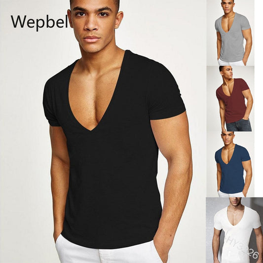 Wepbel Deep V Short Sleeve T-shirt Men's Sports Large V-neck Slim Tight T-shirt Solid Color Plus Size Tops Summer Men Tops - TRIPLE AAA Fashion Collection