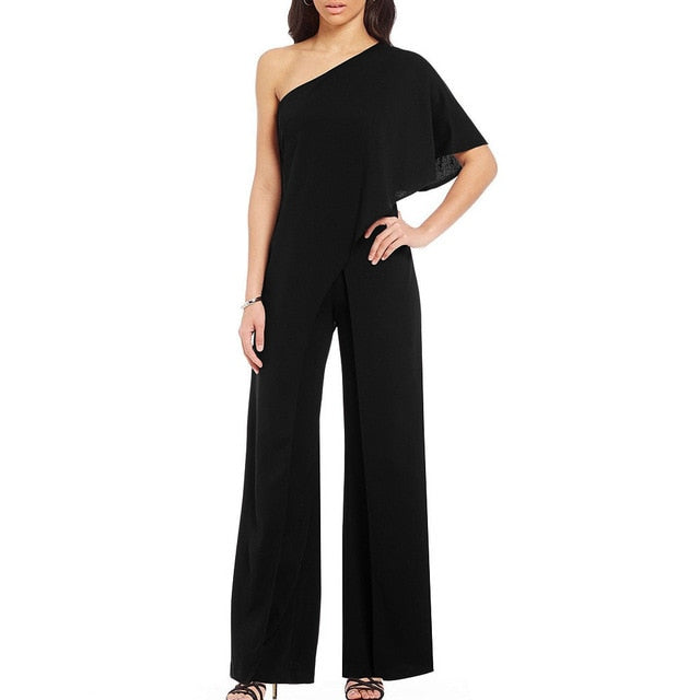 One Shoulder Jumpsuit Casual Solid Off Shoulder Ruffles High Waist Wide Leg Pants Jumpsuit - TRIPLE AAA Fashion Collection
