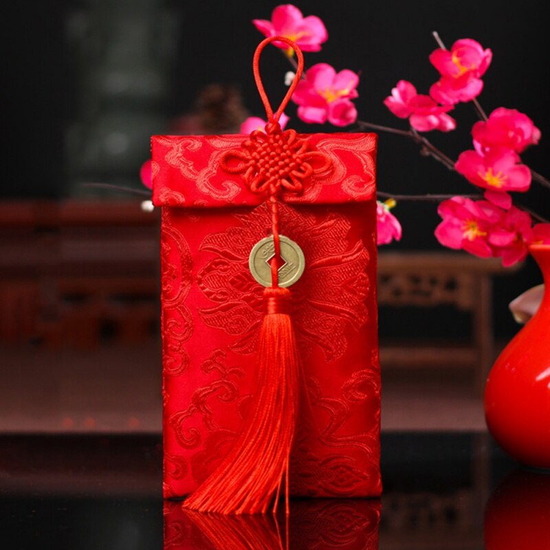 Red  Chinese New Year Brocade Pocket Phoenix Dragon Pattern Cloth Jade Plate Fringed Envelopes Chinese New Year Wedding Gifts