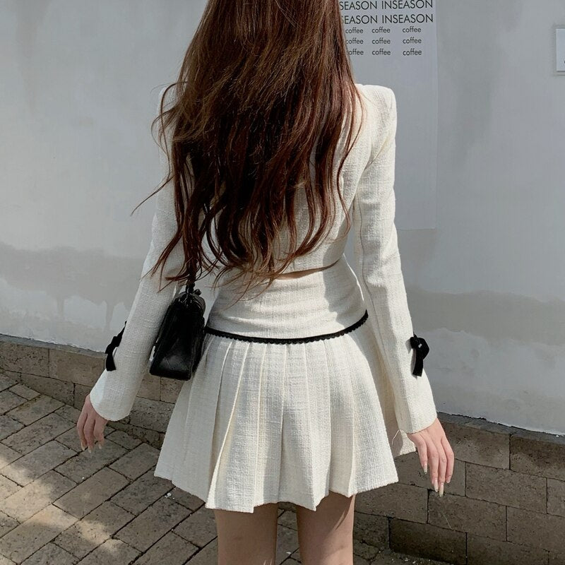 High Quality Fall Fashion Sweet Tweed 2 Piece Set Women Short Jacket Coat Crop Top + Skirts Sets Small Fragrance Two Piece Suits