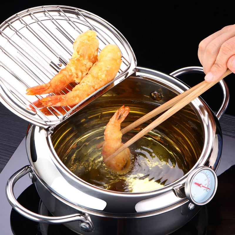 Japanese Deep Frying Pot with a Thermometer and a Lid 304 Stainless Steel Kitchen Tempura Fryer Pan 20 24 cm - TRIPLE AAA Fashion Collection