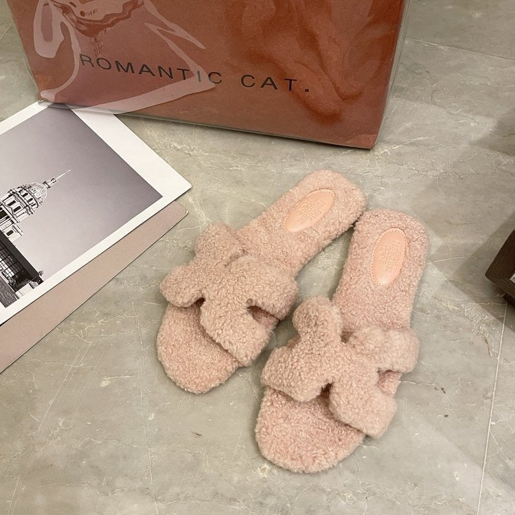 Teddy Wool Slippers Female Autumn And Winter New Square Head Thick Wool One Casual Comfortable Flat Bottom Slippers