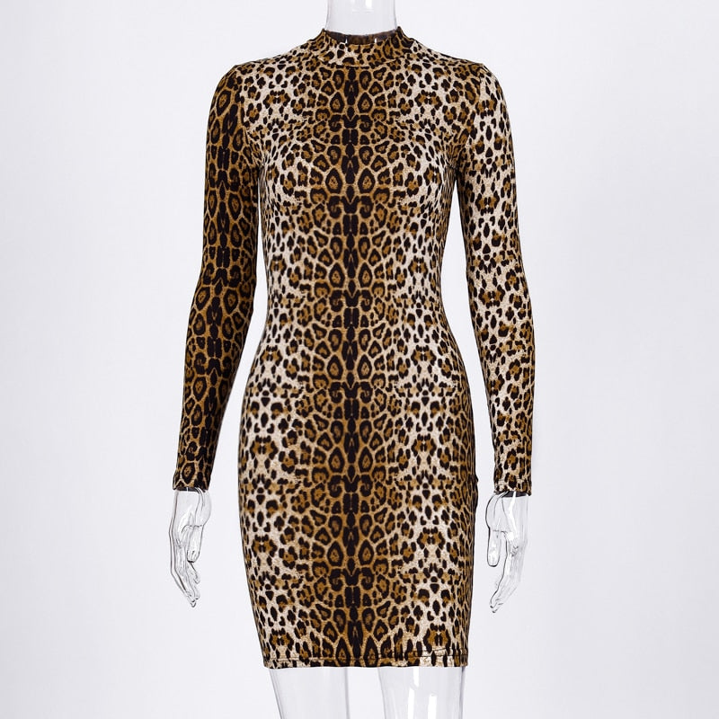 Hugcitar leopard print long sleeve slim bodycon sexy dress 2021 autumn winter women streetwear party festival dresses outfits