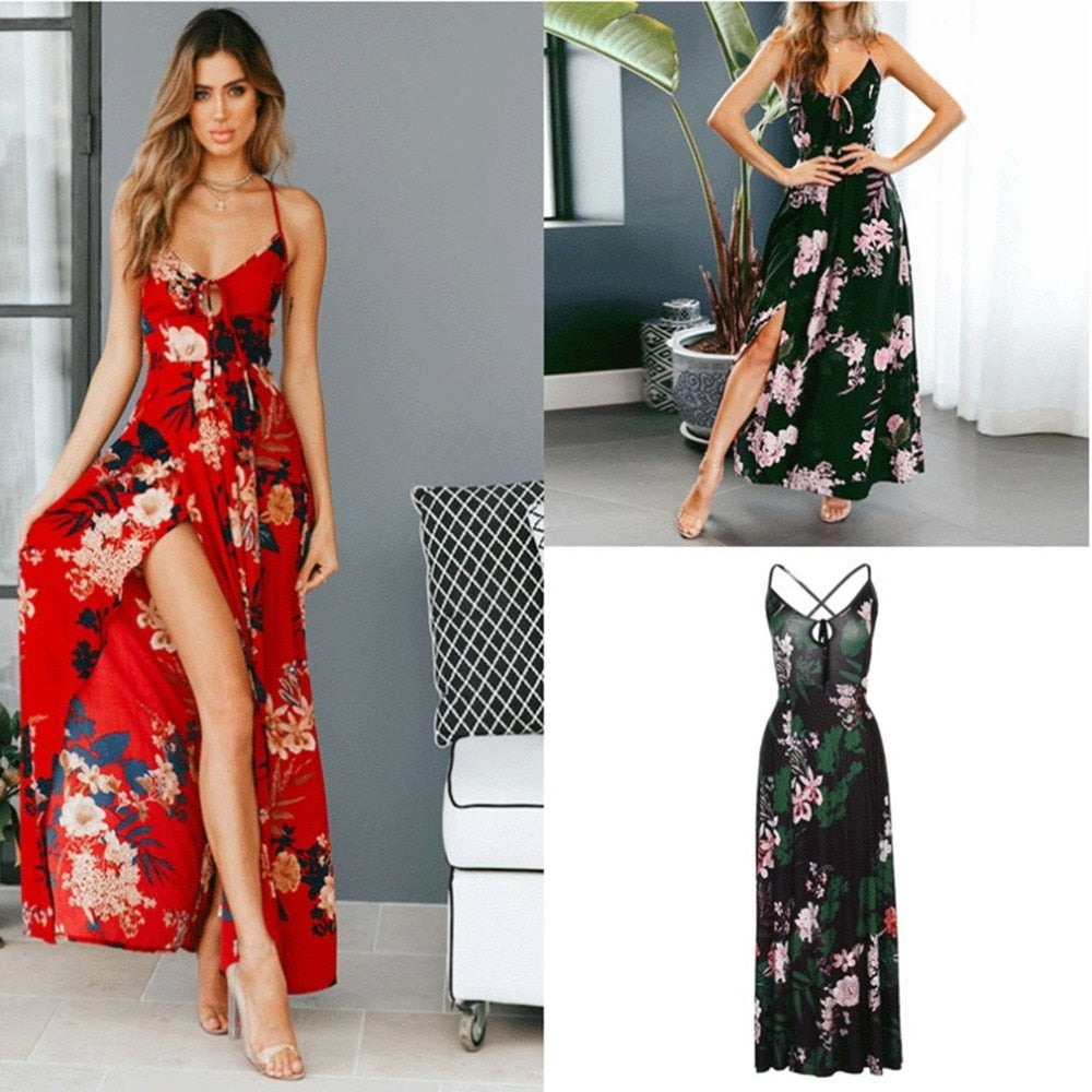 Red Floral Print backless summer dress Women deep V neck bohemian maxi dress Spaghetti irregular long dress - TRIPLE AAA Fashion Collection