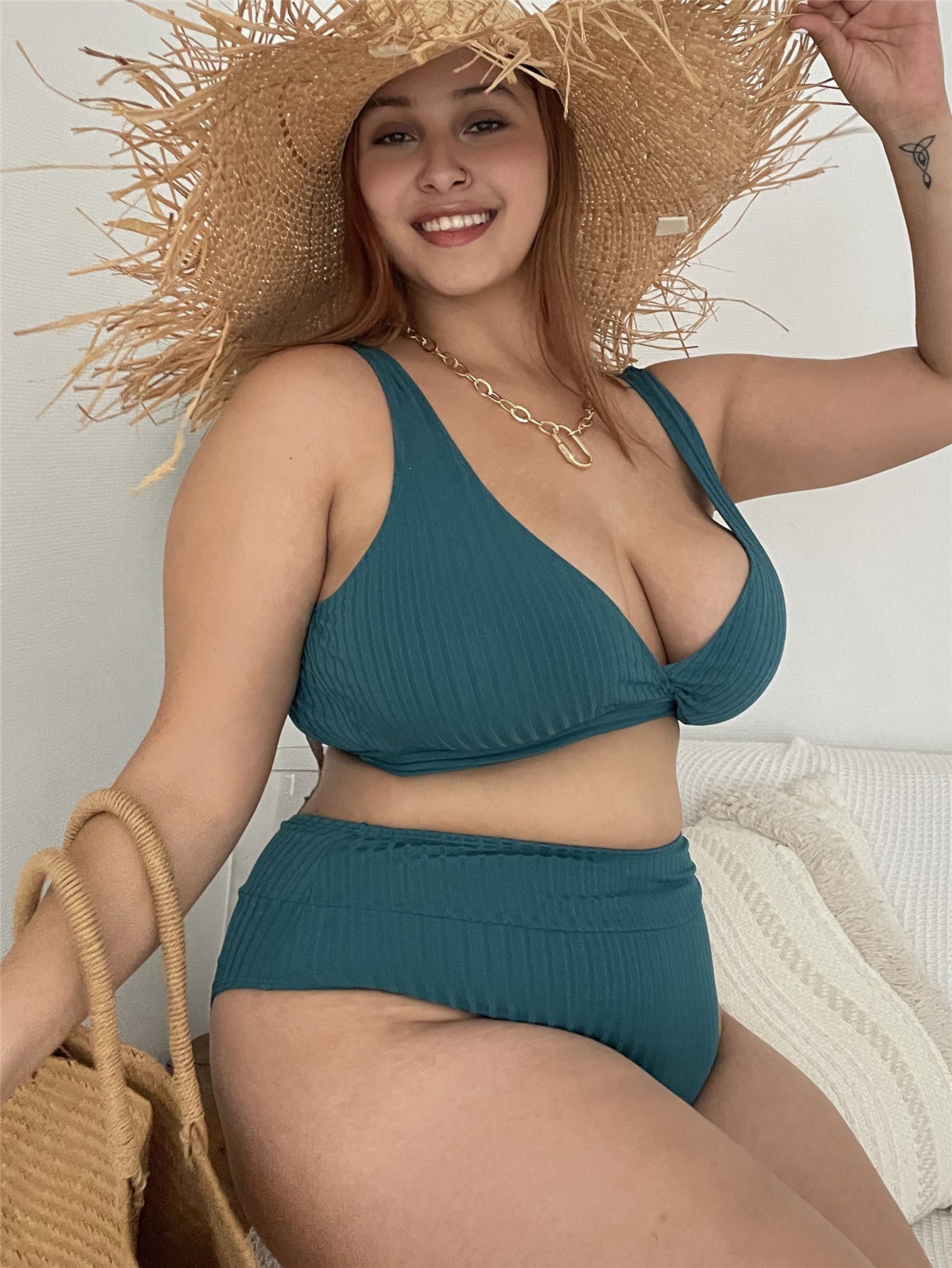 New Fat Woman Bandage Swimsuit Solid Color Plus Size Bikini