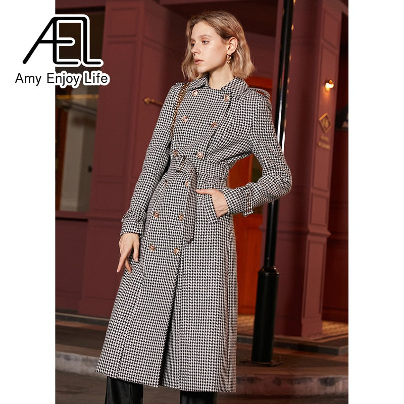 Winter Wool Long Coat Women Retro Houndstooth A-Line Trench Coats