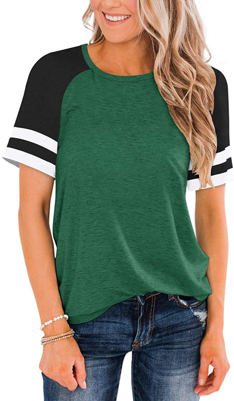 T-Shirt Summer Round Neck Stitching Short Sleeve Striped Contrast Color Loose Plus Size Women's Clothing