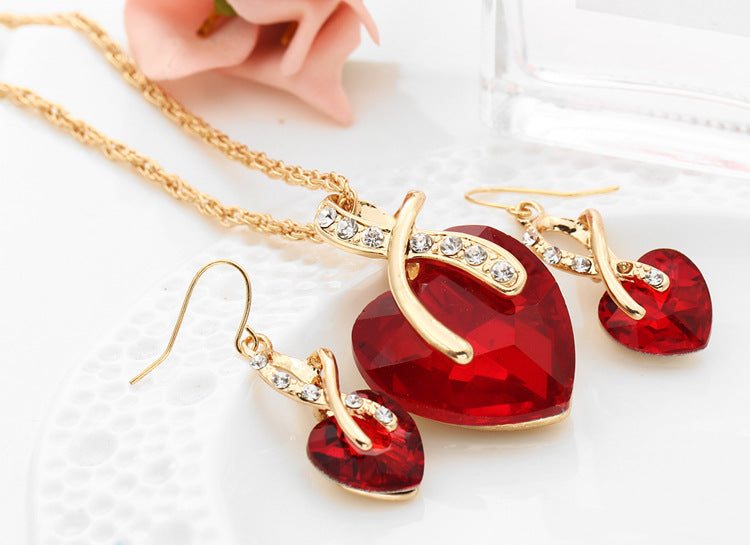 European And American Wedding Dinner Heart-Shaped Artificial Austrian Crystal Zircon Earrings Necklace Jewelry Set Female