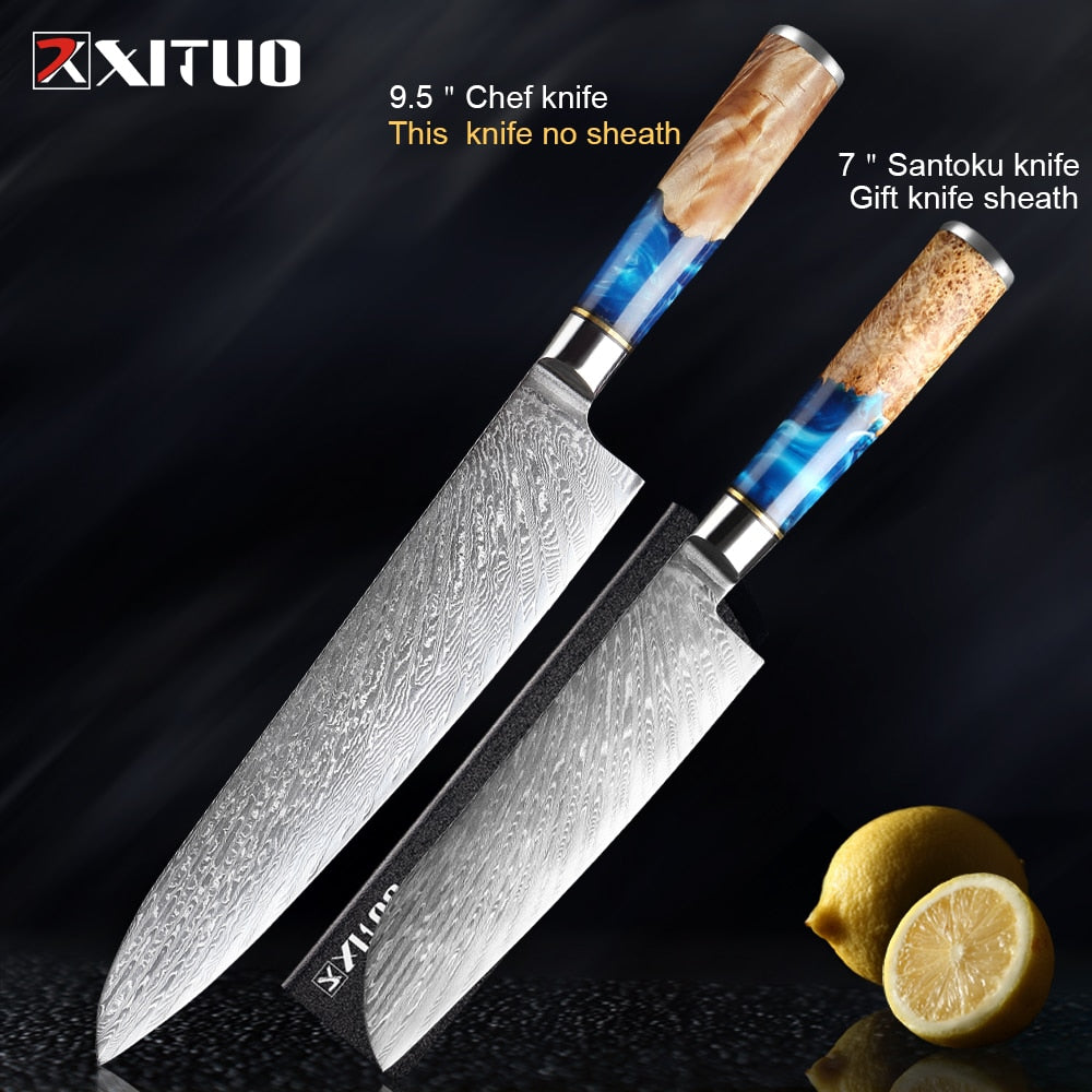 XITUO Kitchen Knives-Set Damascus Steel VG10 Chef Knife Cleaver Paring Bread Knife Blue Resin and Color Wood Handle Cooking Tool - TRIPLE AAA Fashion Collection