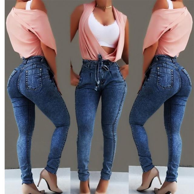 High Waist Jeans Women Streetwear Bandage Denim Plus Size Jeans Femme Pencil Pants Skinny Jeans Woman - TRIPLE AAA Fashion Collection