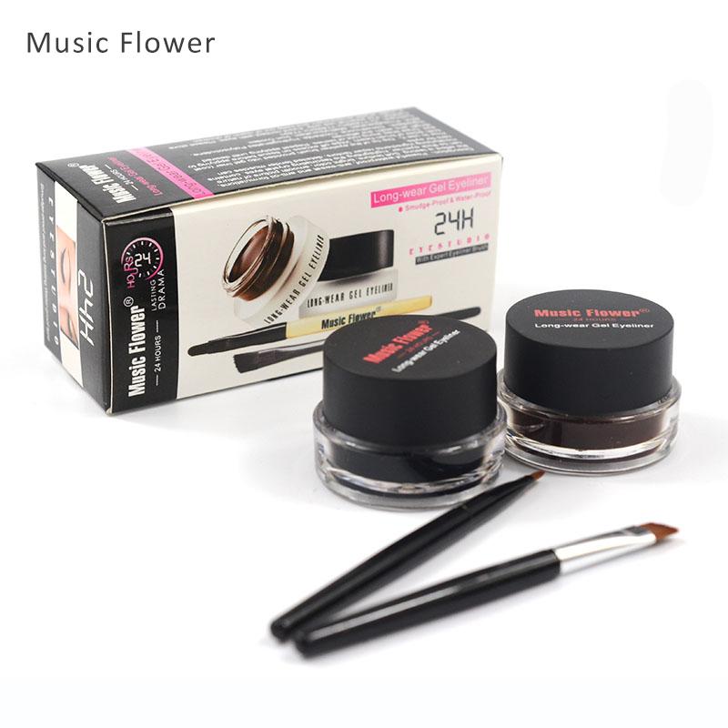 Music Flower 2 in 1 Coffee + Black Gel Eyeliner Make Up Waterproof Eye Liner Cosmetics Set Eyeliner Pens Makeup Brushes Set - TRIPLE AAA Fashion Collection