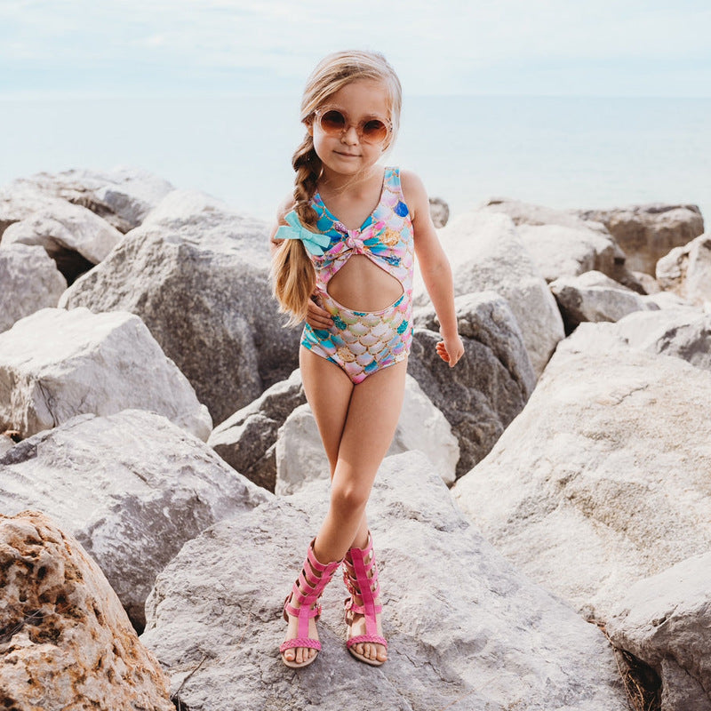Girls Swimsuit New One Piece Printed Mermaid Sleeveless Vest Hollow One Piece Swimsuit