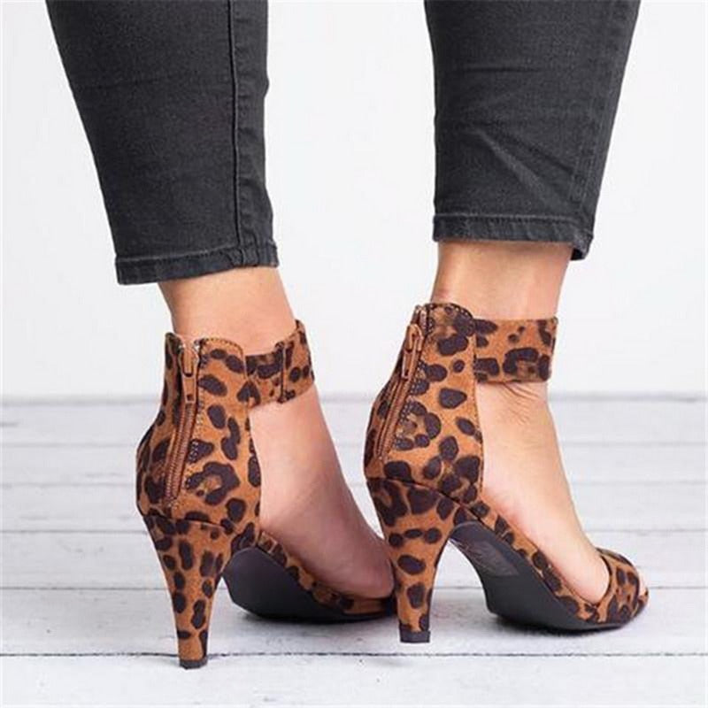 Women Flock Square Heel Sandals Leopard High Heels Buckle Strap Female Ladies Woman Sandal Shoes Girls - TRIPLE AAA Fashion Collection