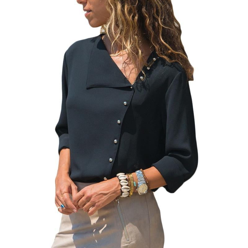 Chiffon Blouse  Long Sleeve Women Blouses and Tops Skew Collar Solid Office Shirt Casual Tops Blusas Chemise Femme - TRIPLE AAA Fashion Collection