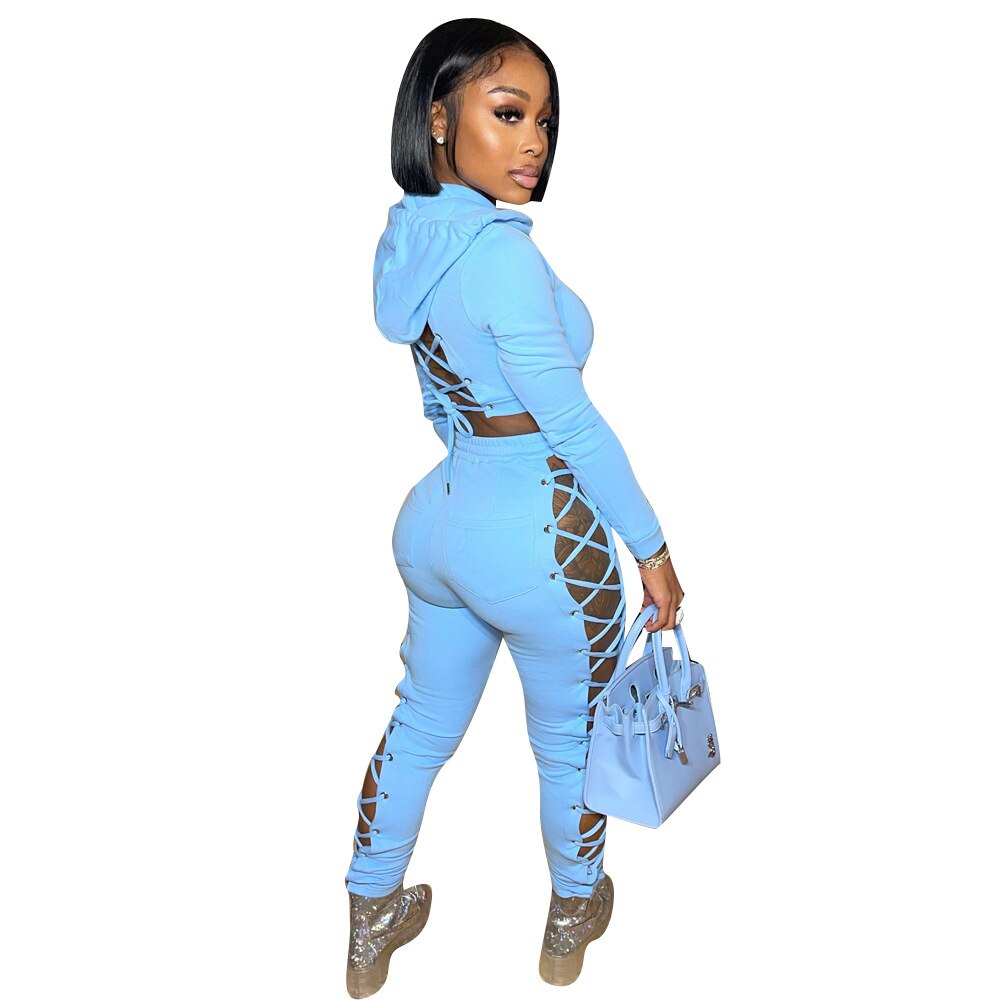 Autumn Women Tracksuit Two Piece Set Backless Hollow Out Bandage Solid Color Party Night Clubwear Sportsuit Clothes For Women
